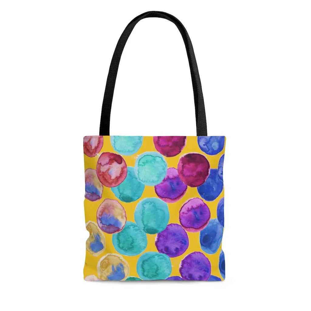 Yellow Watercolor Dots Tote Bag, Abstract Watercolor Dotted Square 13"x13", 16"x16", 18"x18" Premium Quality Market Tote Bag - Made in USA